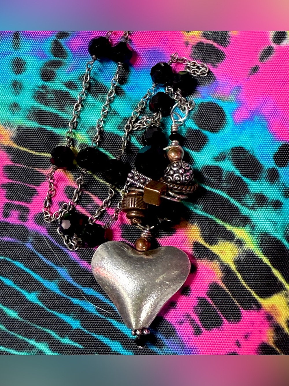 925 Faceted Briolette Onyx Necklace Silver Heart Clasp with Puffy Heart Pendant